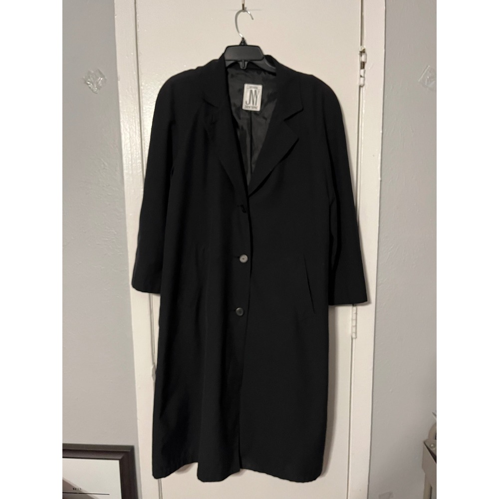 Vintage Jones New York Black Trench Coat Long Duster 80s 90s Minimalist Medium